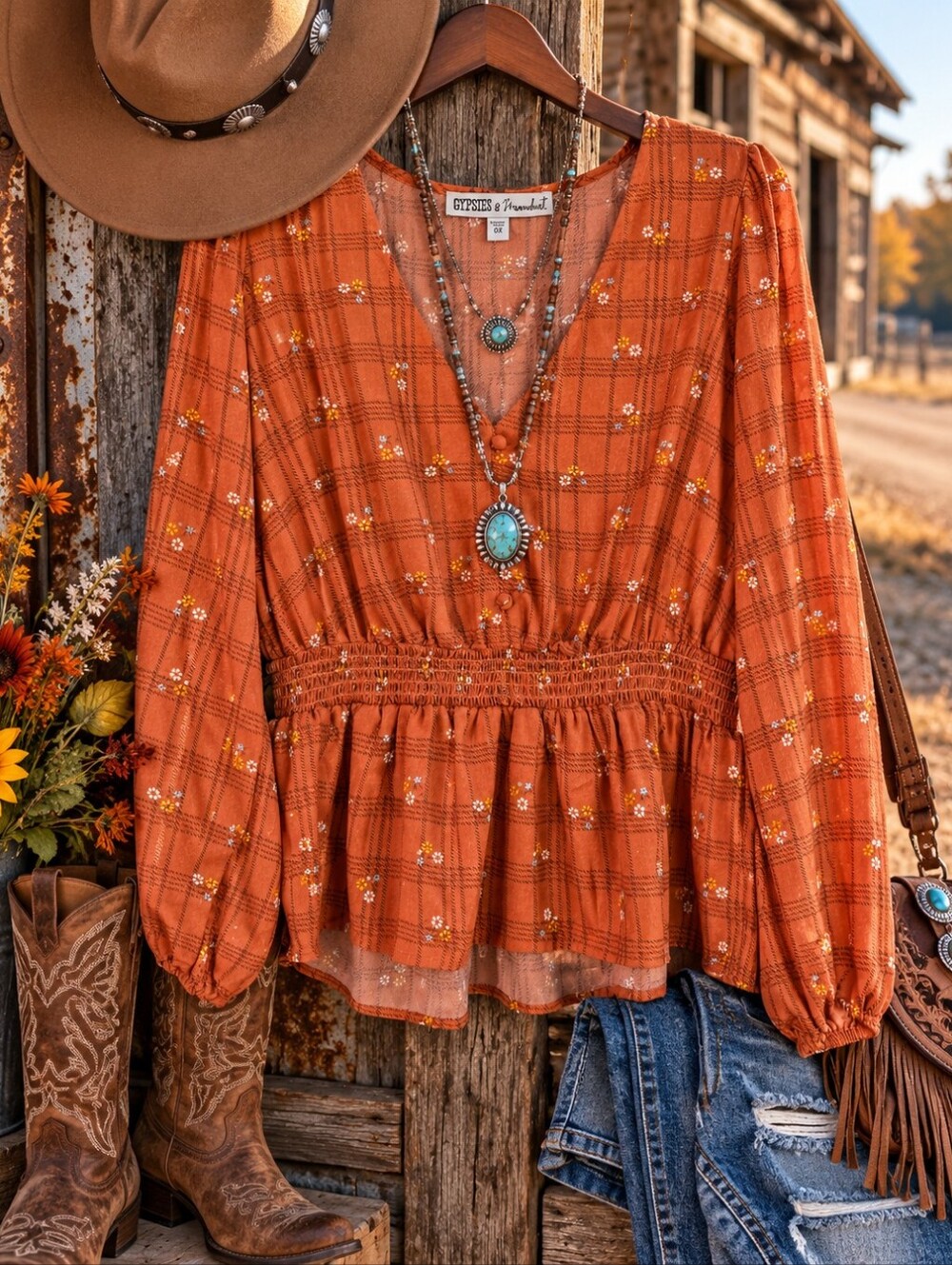 NWT Gypsies & Moondust 0X Rust Plaid Floral Western Boho Peplum Top